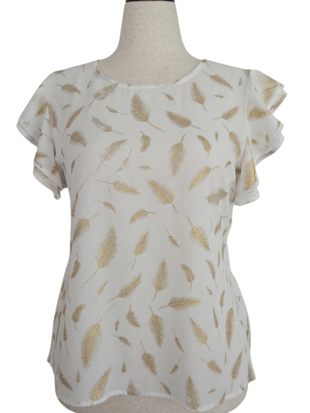 Reese Cream Blouse with Metallic Gold Feather Print Size XL